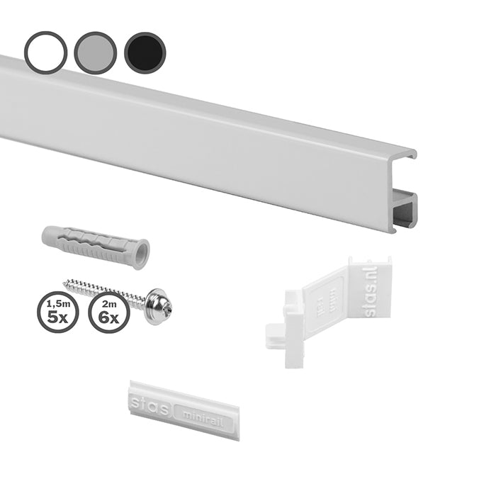 STAS minirail bildeoppheng system (150 cm) + monteringssett, garanterer en vektkapasitet på 25 kg/m.